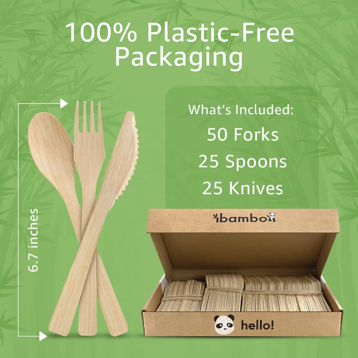 100% Bamboo Utensils Set - 100x Compostable Cutlery Set (50 Compostable Forks, 25 Disposable Spoons, 25 Biodegradable Knives) | Bamboo Silverware | FSC Certified for Weddings, Camping, Party