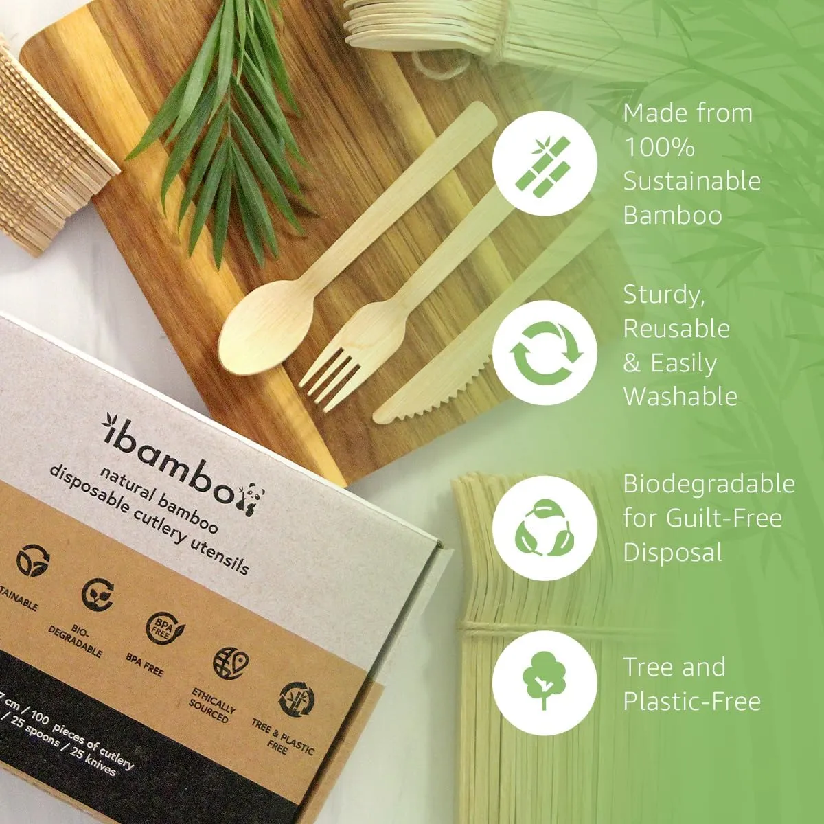 100% Bamboo Utensils Set - 100x Compostable Cutlery Set (50 Compostable Forks, 25 Disposable Spoons, 25 Biodegradable Knives) | Bamboo Silverware | FSC Certified for Weddings, Camping, Party