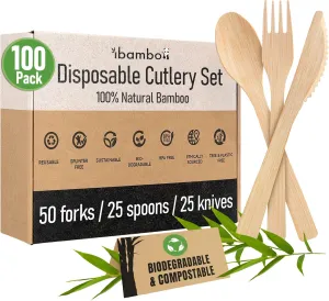 100% Bamboo Utensils Set - 100x Compostable Cutlery Set (50 Compostable Forks, 25 Disposable Spoons, 25 Biodegradable Knives) | Bamboo Silverware | FSC Certified for Weddings, Camping, Party