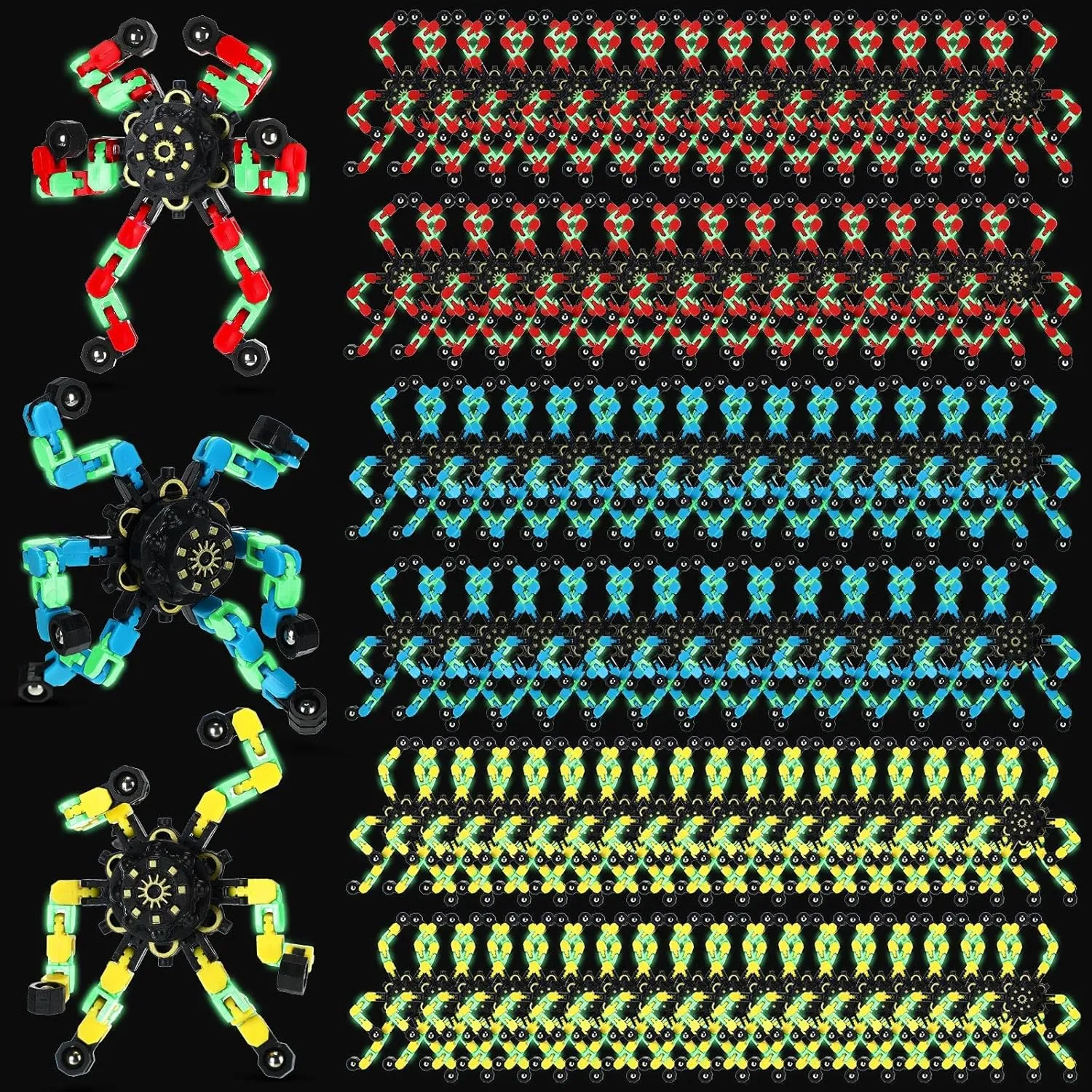 100 Pcs Funny Sensory Fidget Toy Bulk Transformable Chain Robot Finger Toys Fidget Spinners Stress Relief Fingertip Gyro Deformable Mechanical Spiral Twister Spinner for Adult Kids ADHD(Glow)