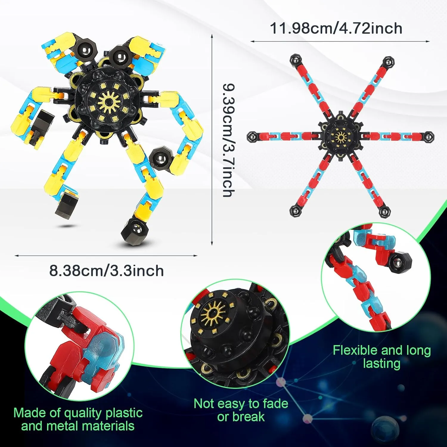 100 Pcs Funny Sensory Fidget Toy Bulk Transformable Chain Robot Finger Toys Fidget Spinners Stress Relief Fingertip Gyro Deformable Mechanical Spiral Twister Spinner for Adult Kids ADHD(Glow)