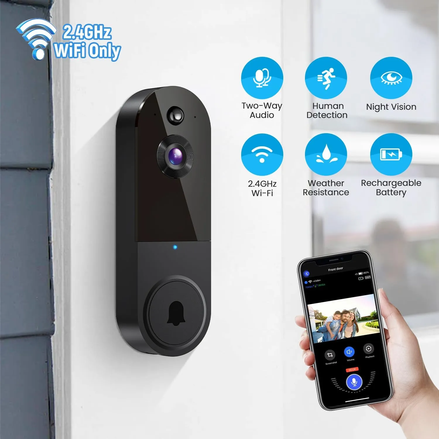 1080p Wireless Video Doorbell Camera with Chime, AI Human Detection, 2-Way Talk, Live View, Night Vision, Cloud Storage, 2.4G WiFi Only, Battery Powered, Indoor Outdoor Surveillance (Black)
