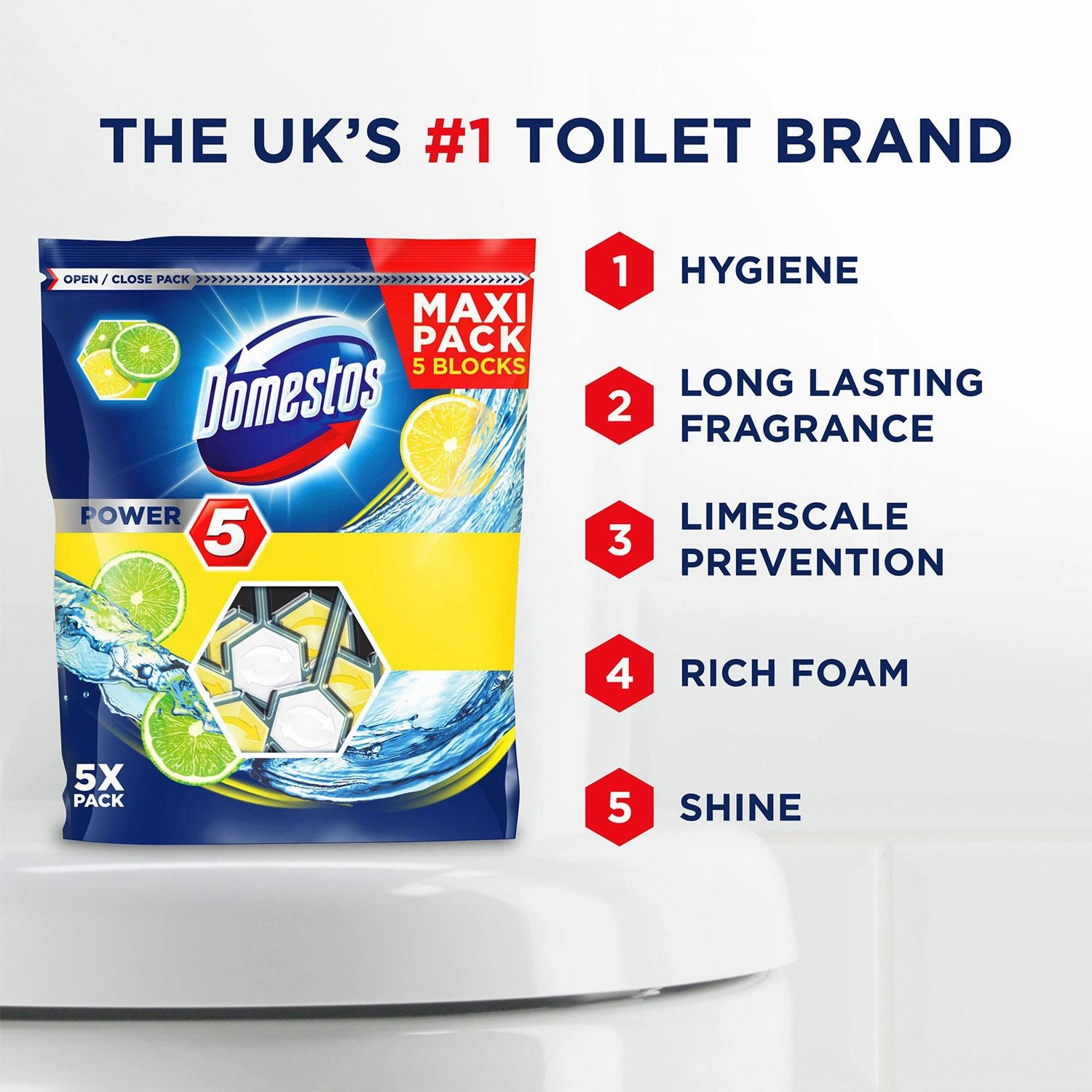 10x Domestos Power 5 Lime Toilet Rim Blocks for LongLasting Protection 55g,Pkof5