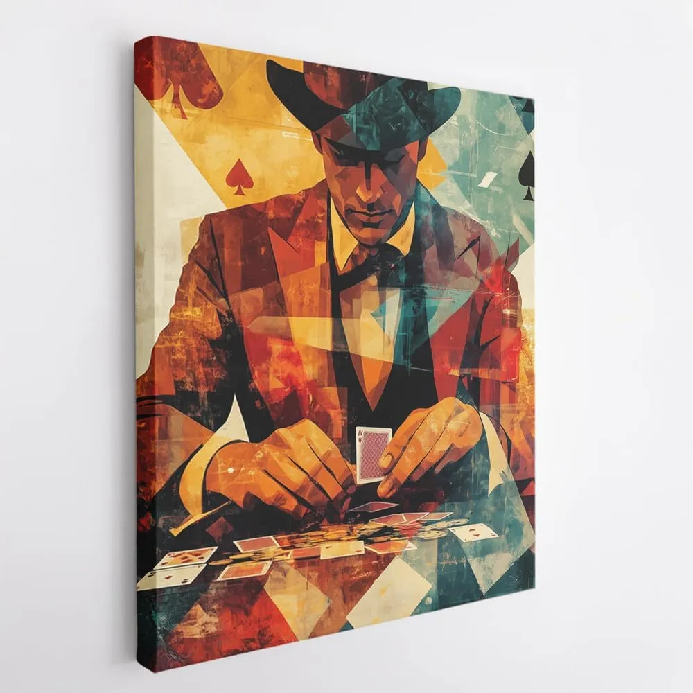 (11 x 14 x 1.25 IN) Gallery Wrapped Canvas Wall Art Print of Cubism Poster: Player shuffling a deck of cards at a historic gambling saloon - 100% Cotton, Ready to Hang, High-Definit - 925UNCAh566620WH