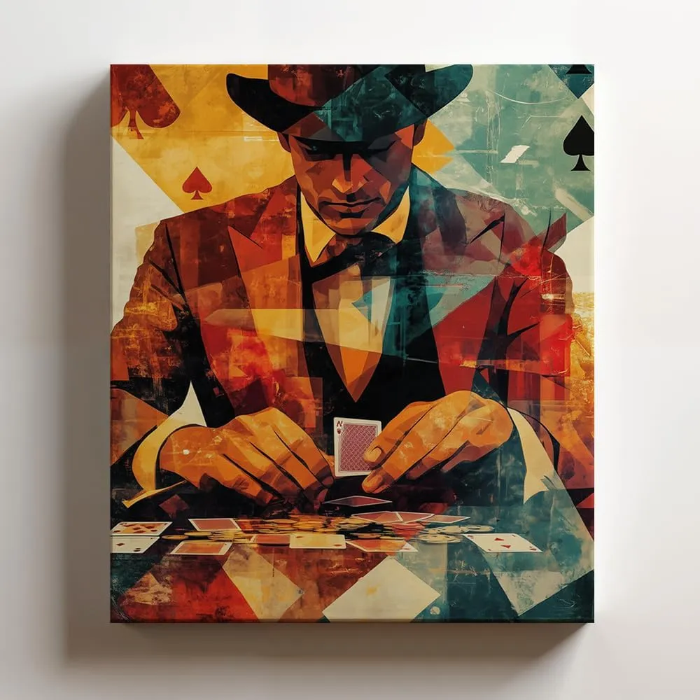 (11 x 14 x 1.25 IN) Gallery Wrapped Canvas Wall Art Print of Cubism Poster: Player shuffling a deck of cards at a historic gambling saloon - 100% Cotton, Ready to Hang, High-Definit - 925UNCAh566620WH