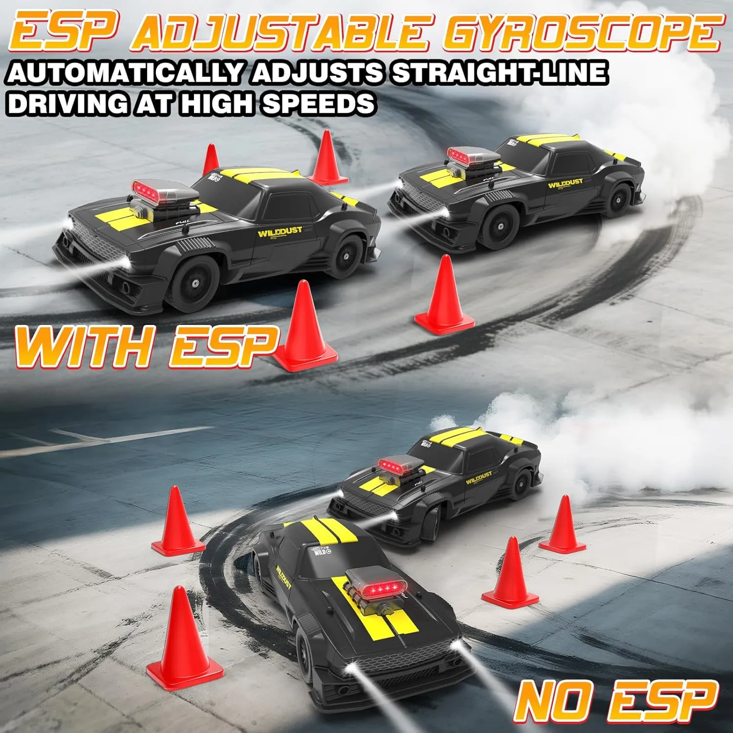 1:16 RC Drift Car 4WD 2.4GHz Remote Control Cars with Gyro 50km/H High Speed Drifting Car with LED Lights, Drift Tires Full Proportion RC Racing Cars Toy for Adults Boys Girls Kids, Yellow
