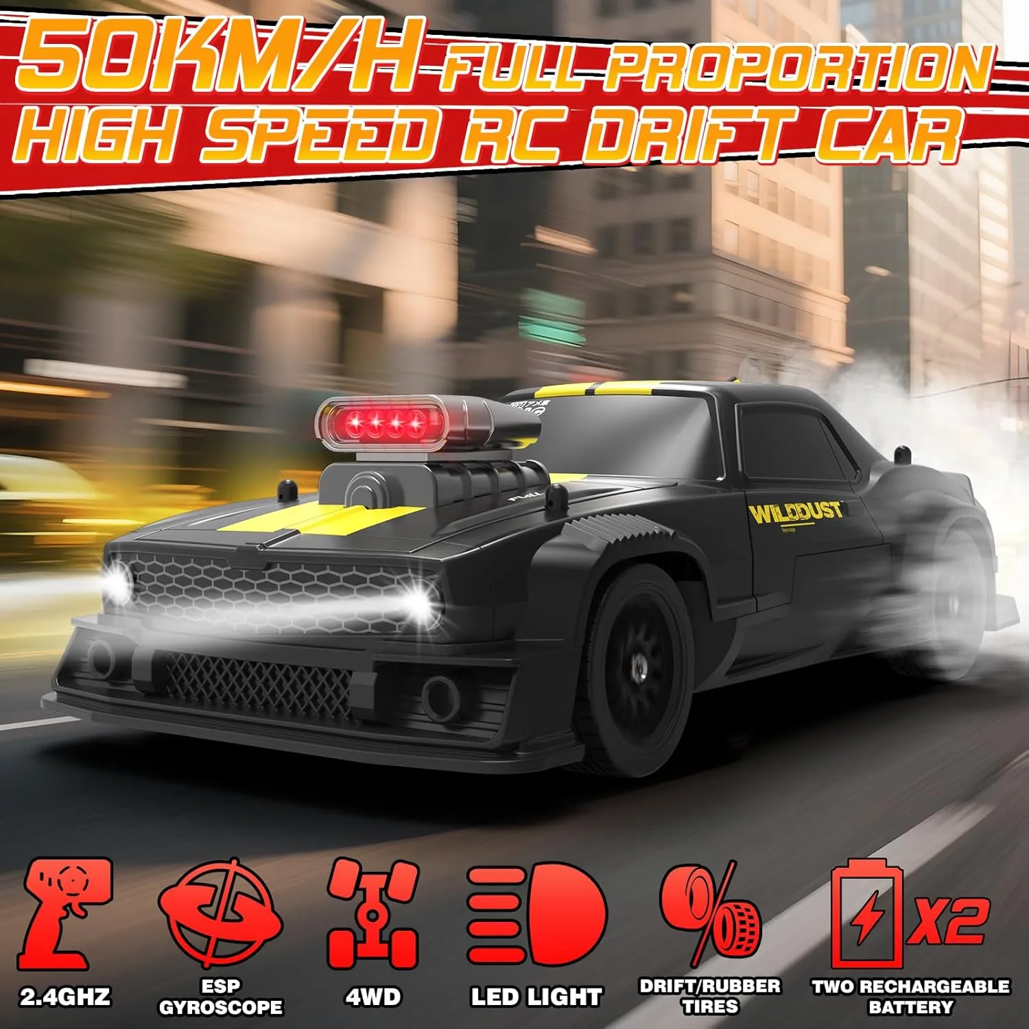 1:16 RC Drift Car 4WD 2.4GHz Remote Control Cars with Gyro 50km/H High Speed Drifting Car with LED Lights, Drift Tires Full Proportion RC Racing Cars Toy for Adults Boys Girls Kids, Yellow