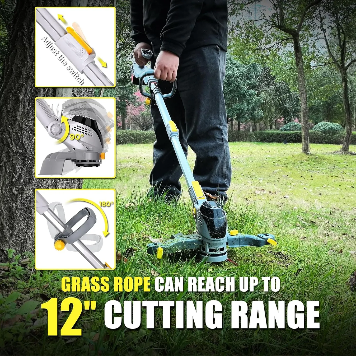 12-Inch Cordless String Trimmer & Edger, (2 x 21V 4.0Ah Electric Brush Cutter Battery Powered), with Auxiliary Bracket, Side Ball, 90° Rotary Head, Telescopic Handle, 3 Cutting Methods(WEG21B)