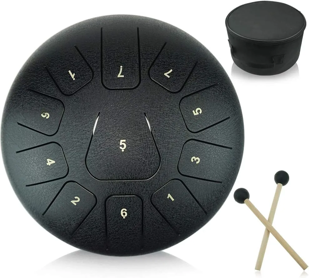 12 inches Steel Tongue Drum Black 11 Notes,C Major,with Padded Drum Bag and Couple of Mallets, peaceful sound, Gift Idea
