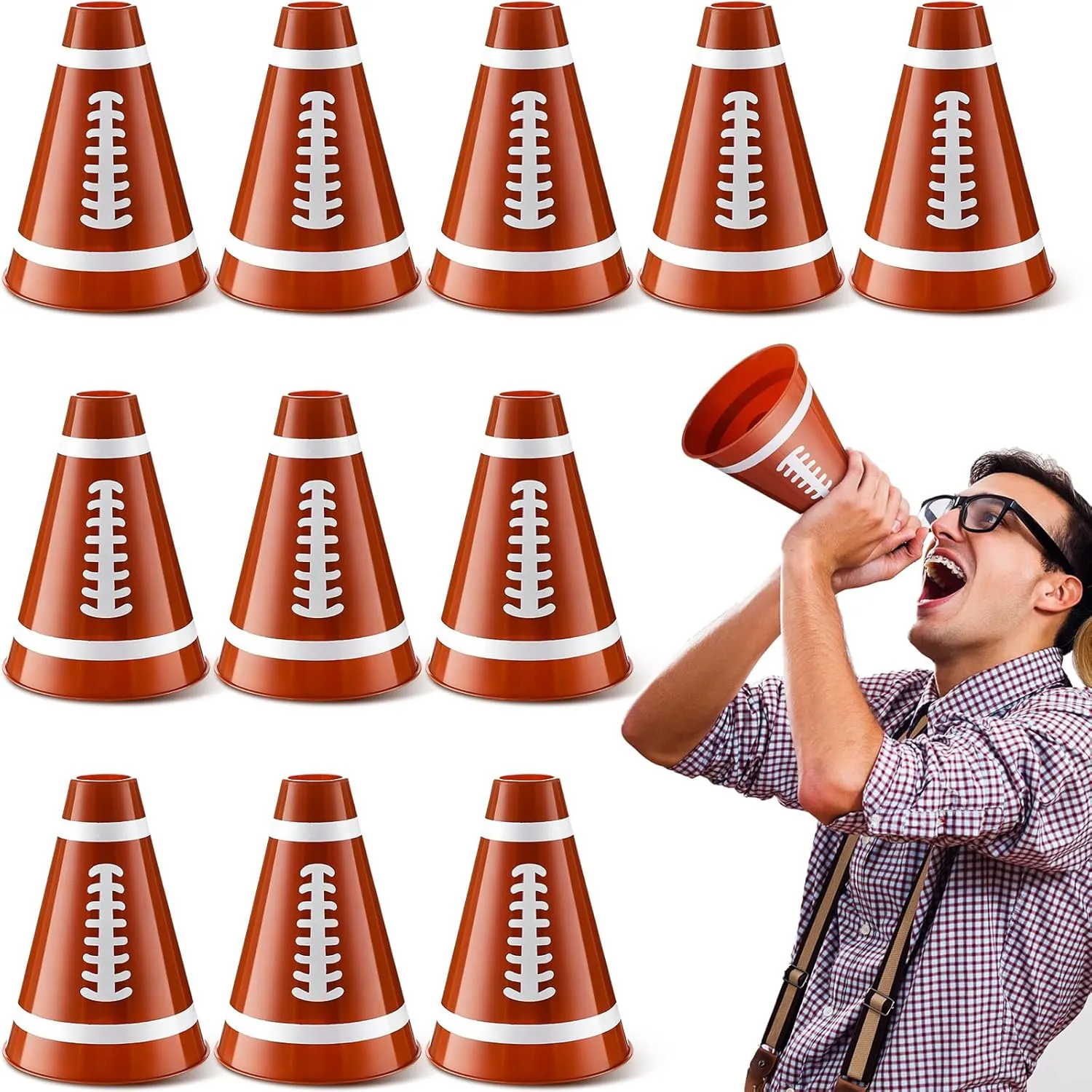 12 Pcs Football Cheer Megaphone Plastic Megaphone Party Cheering Noisemaker Toys for Football Sports Match Game Outdoor Activities Cheerleading Favors Party Accessory Crafts