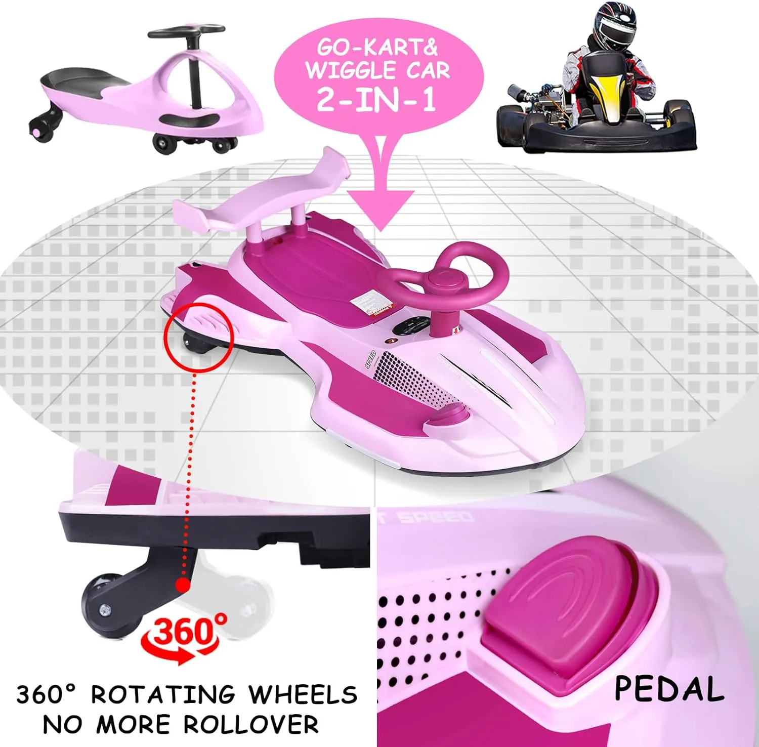 12V Electric Wiggle Car with Pedal, Ride On Car Toy for Kids from Ages 3 and Up, Anti-Rollover, Flashing Wheels, Bluetooth, 140Lbs, Tailpipes Jet Effect (Lilac Rose)