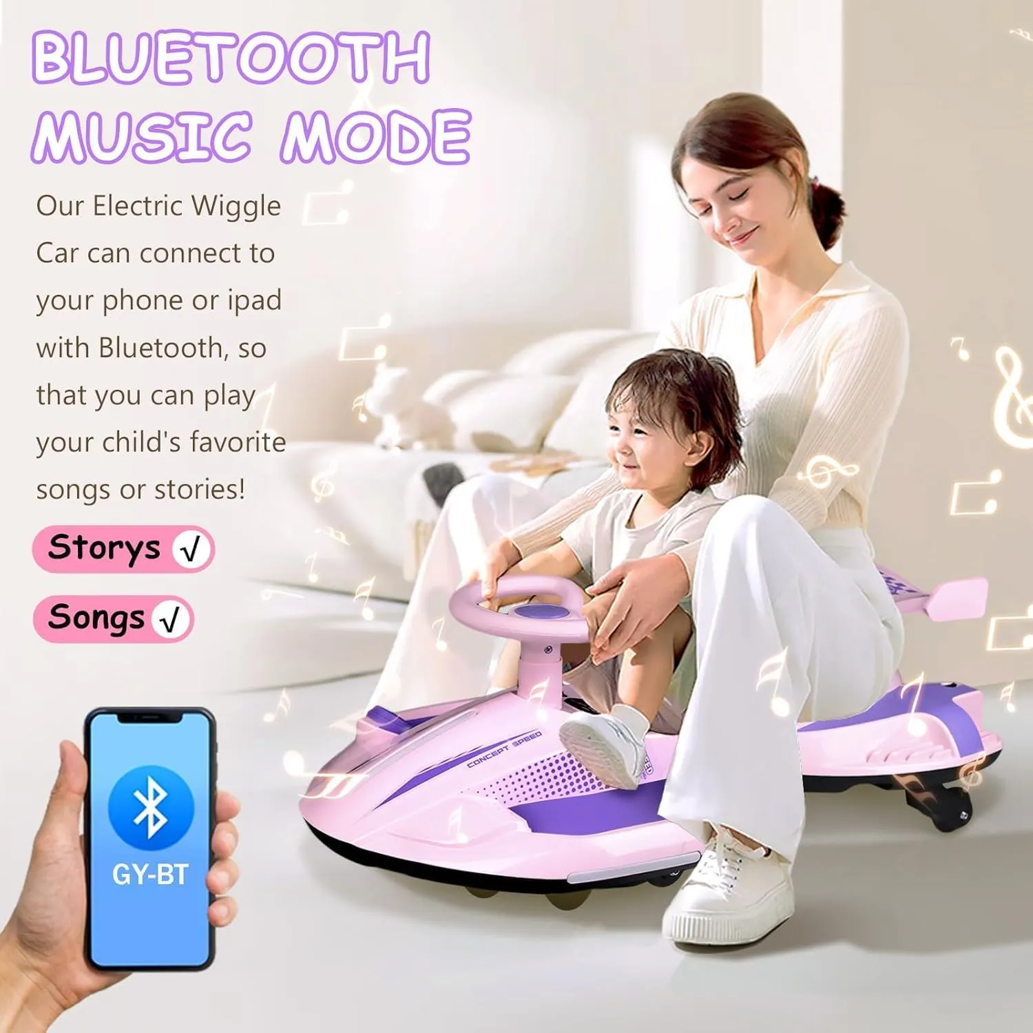 12V Electric Wiggle Car with Pedal, Ride On Car Toy for Kids from Ages 3 and Up, Anti-Rollover, Flashing Wheels, Bluetooth, 140Lbs, Tailpipes Jet Effect (Lilac Rose)