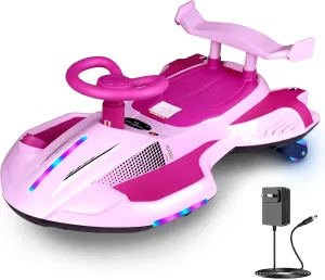 12V Electric Wiggle Car with Pedal, Ride On Car Toy for Kids from Ages 3 and Up, Anti-Rollover, Flashing Wheels, Bluetooth, 140Lbs, Tailpipes Jet Effect (Lilac Rose)