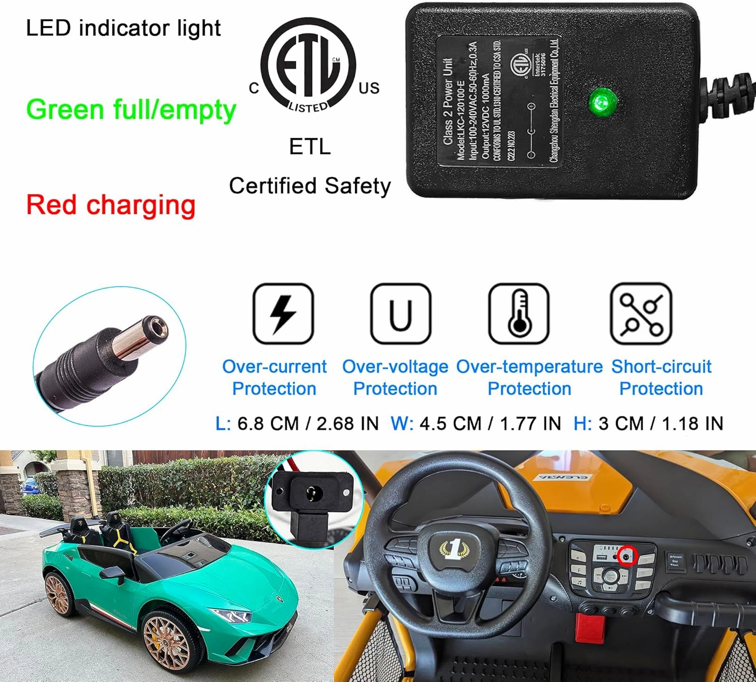 12V Battery Charger with Connection Line for Kids Ride On Toys, for Best Choice, Power Wheel,Wrangler, Kid Trax, Dynacraft Electric Car's Batteries (12V 1A Set)