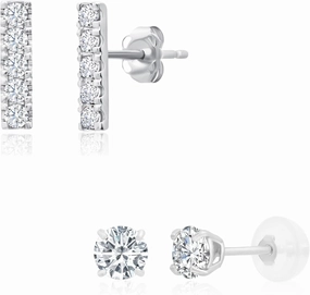 14k White Gold Created White Sapphire Gemstone Bar and Round Stud Earrings Set for Women | Small Gemstone Birthstone Earrings with Push Backs | 4mm Birthstone Earrings by MAX   STONE