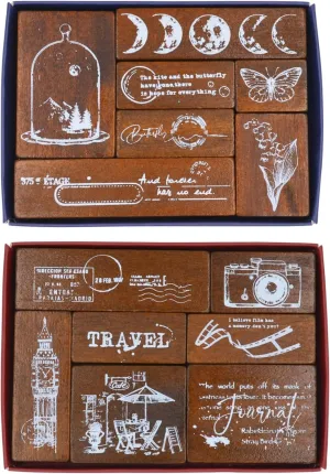 14pcs Wood Rubber Stamp Set, Vintage Decorative Wooden Stamp Set, Stamp for Art Craft, Journal, Diary, Scrapbook, Planner, Letter, Card Making M-06 (Moonlight)