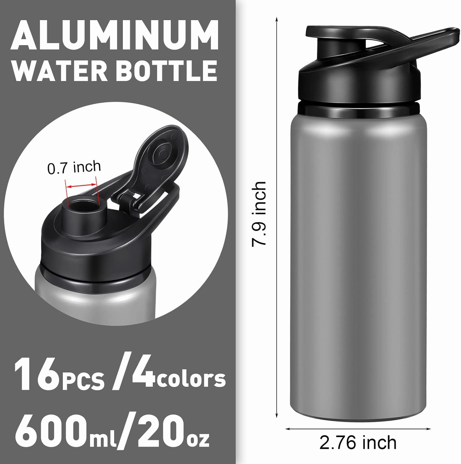 16 Pack Aluminum Water Bottles with Snap Lid Aluminum Reusable Sports Lightweight Leak Proof Water Bottles Bulk for Gym Hiking Cycling Sports Outdoor(20 oz)