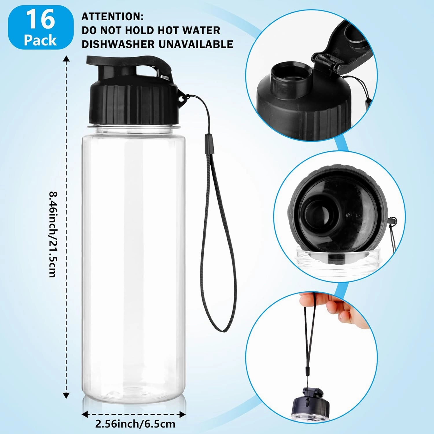 16 Pack Bulk Water Bottles-17oz Plastic Sports Water Bottles for Kids and Adults Leak Proof, Reusable for Gym Travel School Office, Black