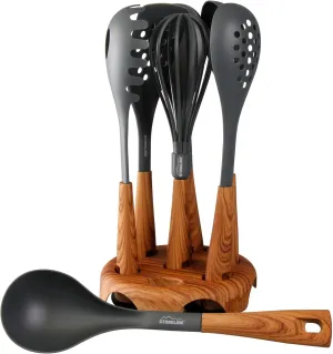 18241 8 Piece Kitchen Utensil Set with Rotating Stand, Kitchen Tool Plastic Wood Effect, 18.9 x 11.9 x 34.9 cm, Natural
