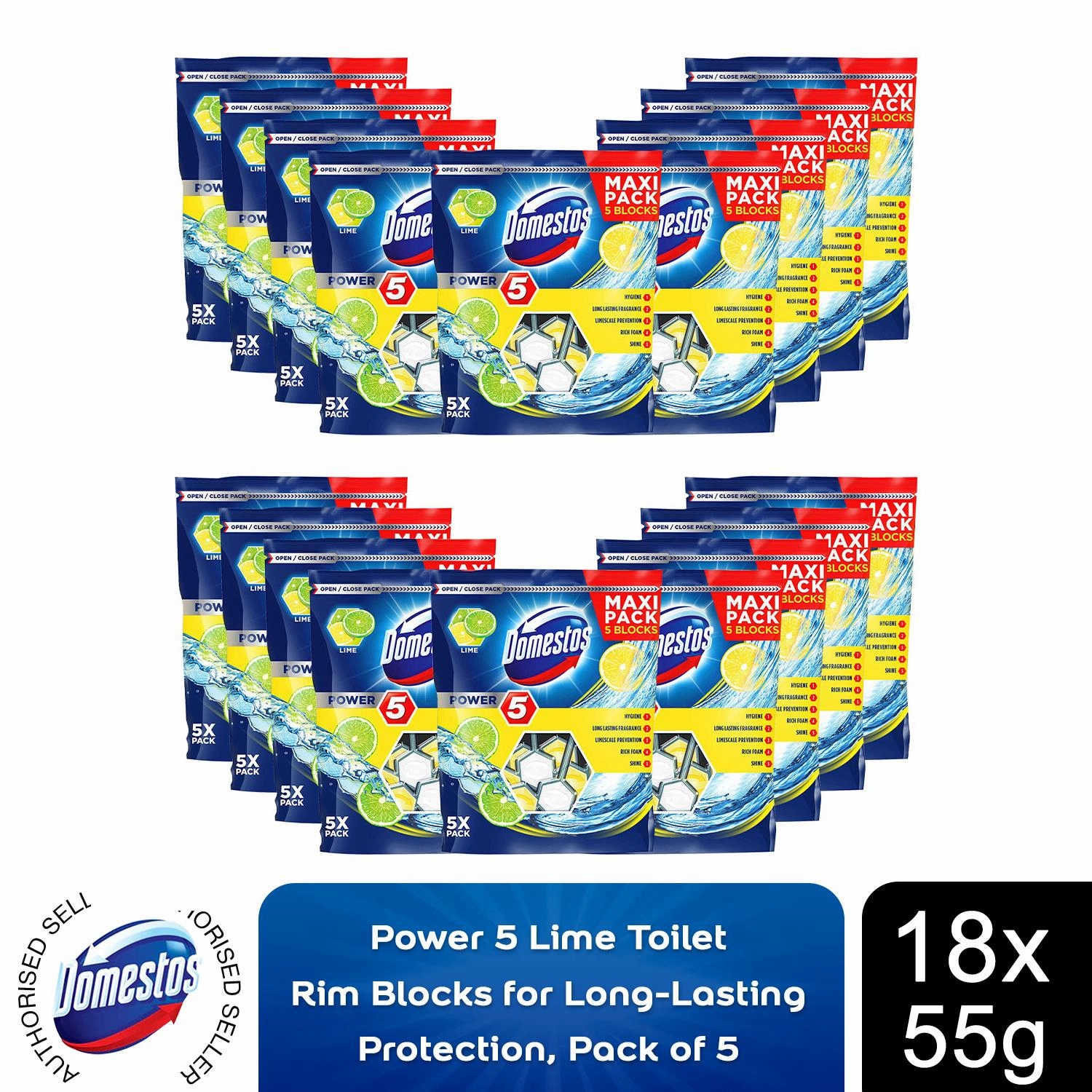 18x Domestos Power 5 Lime Toilet Rim Blocks for LongLasting Protection 55g,Pkof5
