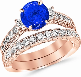 1.78 Carat 14K White Gold Three Stone Vintage With Milgrain & Filigree Bridal Set with Wedding Band & Diamond Engagement Ring with a 0.75 Carat Natural Blue Sapphire Center (Heirloom Quality)