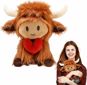 1 Pcs Mothers Day Highland Cows Stuffed Animal Brown Cute Heart Stuff Fluffy Cattle Dolls Farm Plush Toy Gifts Decoration for Adults Men and Women