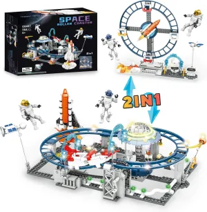2 in 1 Space Roller Coaster Building Set with Rockets, UFO, Satellites, Space Capsules, Buildable Space Exploration Roller Coaster City Park Toys, Gift for Boys, Girls and Kids Ages 6-12 