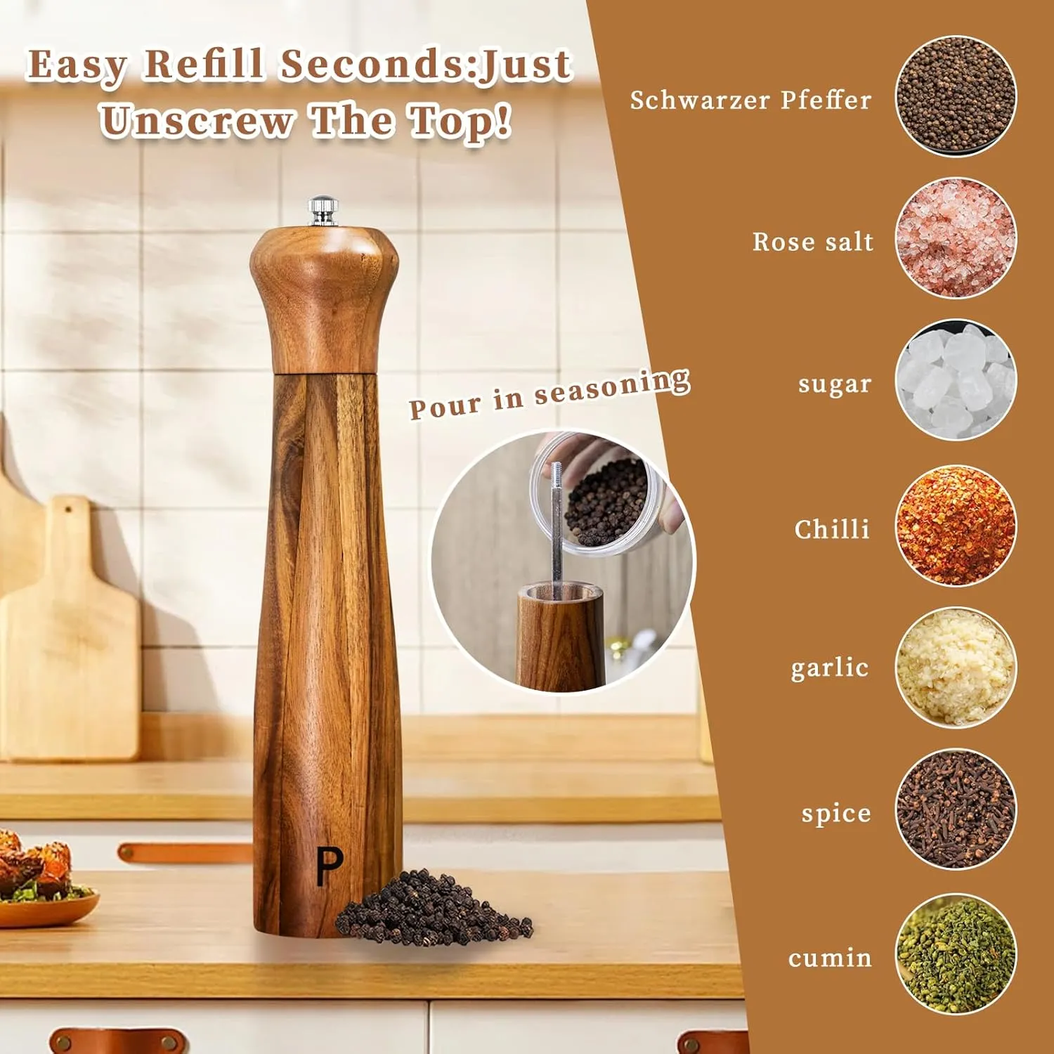 2 Pack 10 Inch Acacia Wooden Salt and Pepper Grinder Set, Manual Salt and Pepper Mills, Salt Grinder Refillable with Adjustable Coarseness, Ceramic/Stainless Steel Core Tableware Gifts