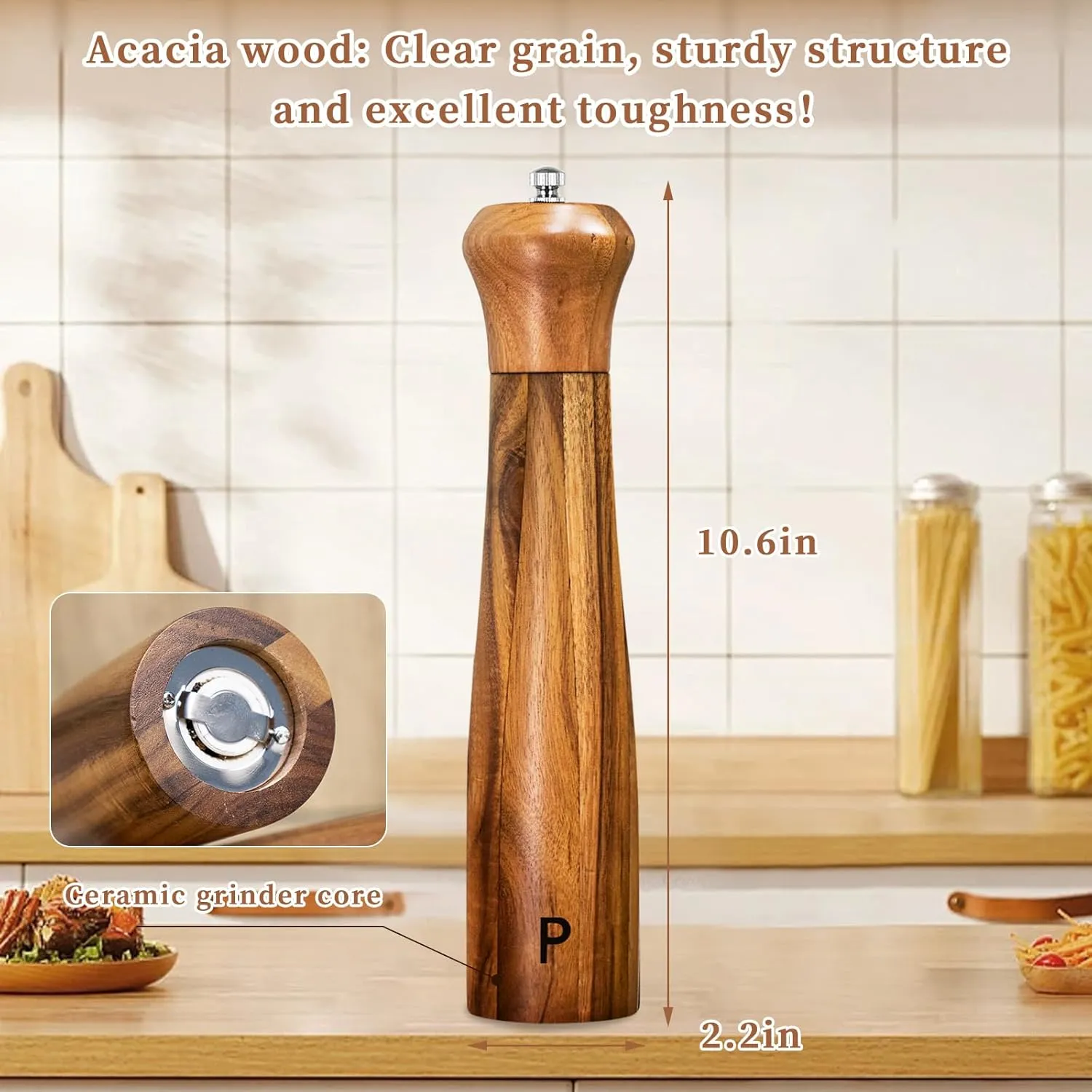 2 Pack 10 Inch Acacia Wooden Salt and Pepper Grinder Set, Manual Salt and Pepper Mills, Salt Grinder Refillable with Adjustable Coarseness, Ceramic/Stainless Steel Core Tableware Gifts