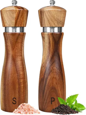 2 Pack Acacia Wood Salt and Pepper Grinder Set, Wooden Salt and Pepper Mill Set Salt and Pepper Shaker Tableware Birthday Gifts Ceramic Core-8 Inch