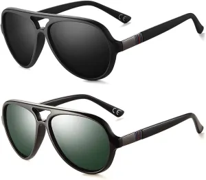 2 Pack Aviator Sunglasses For Men Polarized Lens Plastic Lightweight Double Bridge Frame UV Protection For Driving Matte Black Frame/Smoke Lens Shiny Black Frame/G15 Lens