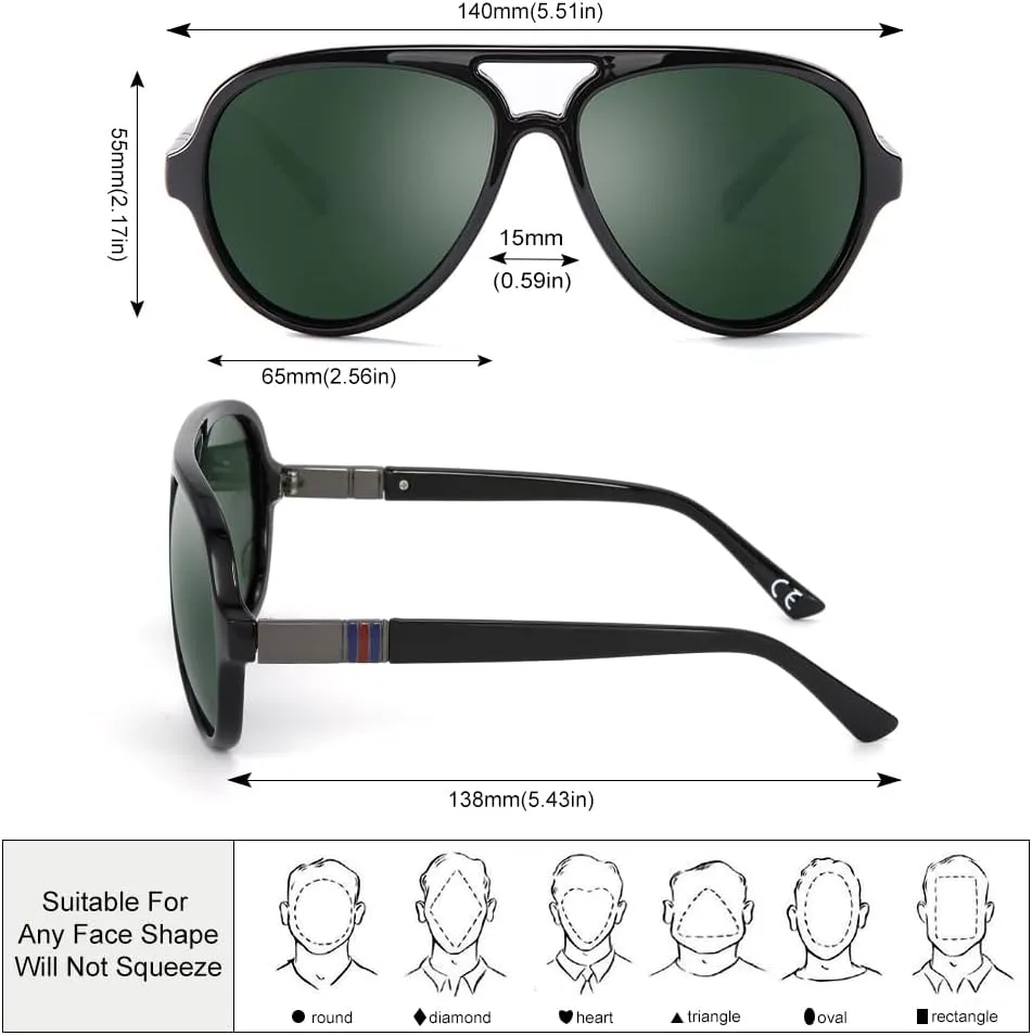 2 Pack Aviator Sunglasses For Men Polarized Lens Plastic Lightweight Double Bridge Frame UV Protection For Driving Matte Black Frame/Smoke Lens Shiny Black Frame/G15 Lens