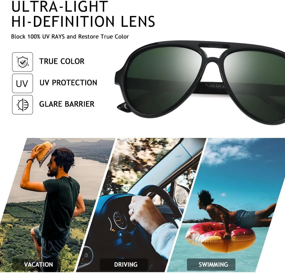 2 Pack Aviator Sunglasses For Men Polarized Lens Plastic Lightweight Double Bridge Frame UV Protection For Driving Matte Black Frame/Smoke Lens Shiny Black Frame/G15 Lens