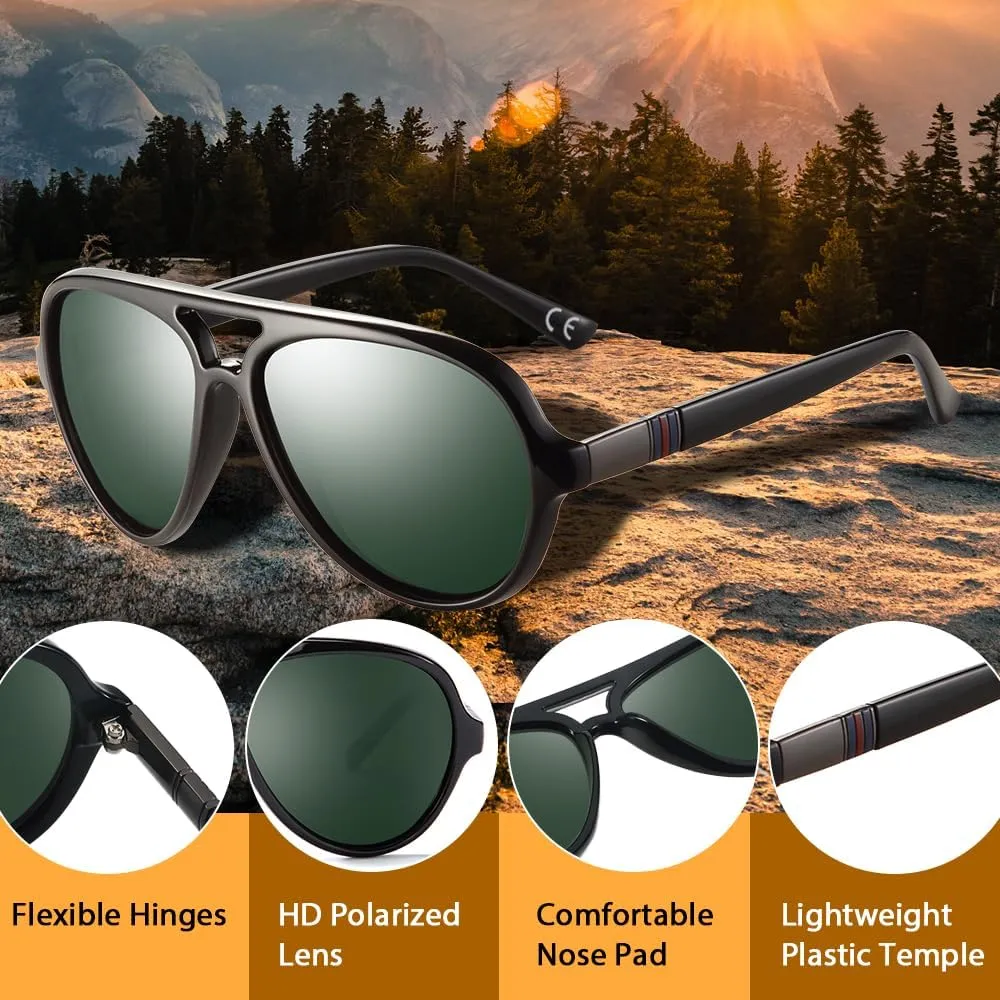 2 Pack Aviator Sunglasses For Men Polarized Lens Plastic Lightweight Double Bridge Frame UV Protection For Driving Matte Black Frame/Smoke Lens Shiny Black Frame/G15 Lens