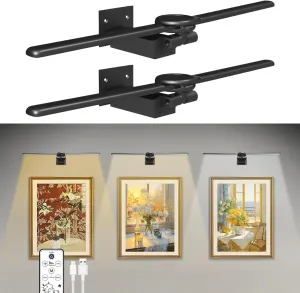 2 Pack Picture Light for Wall, 18in Rechargeable Art Light with Timer and Dimmable, Battery Operated Painting Frame Light with Remote Control for Bedroom, Living Room, Wall Décor Dartboard(Black)