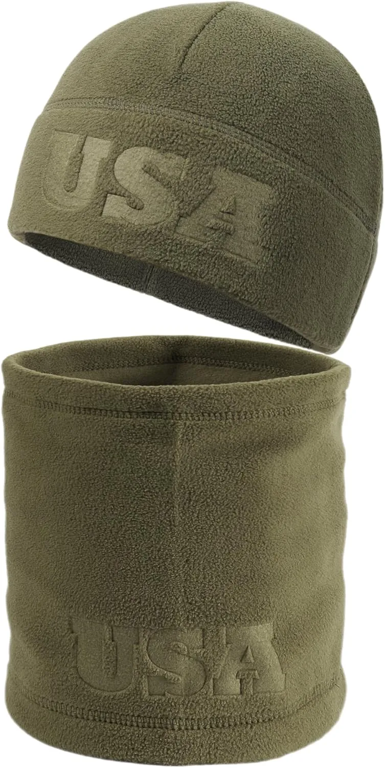 2 Pcs Warm Fleece Beanie Neck Gaiter Set, Embossing USA Army Military Winter Gear Skull Cap for Men Women