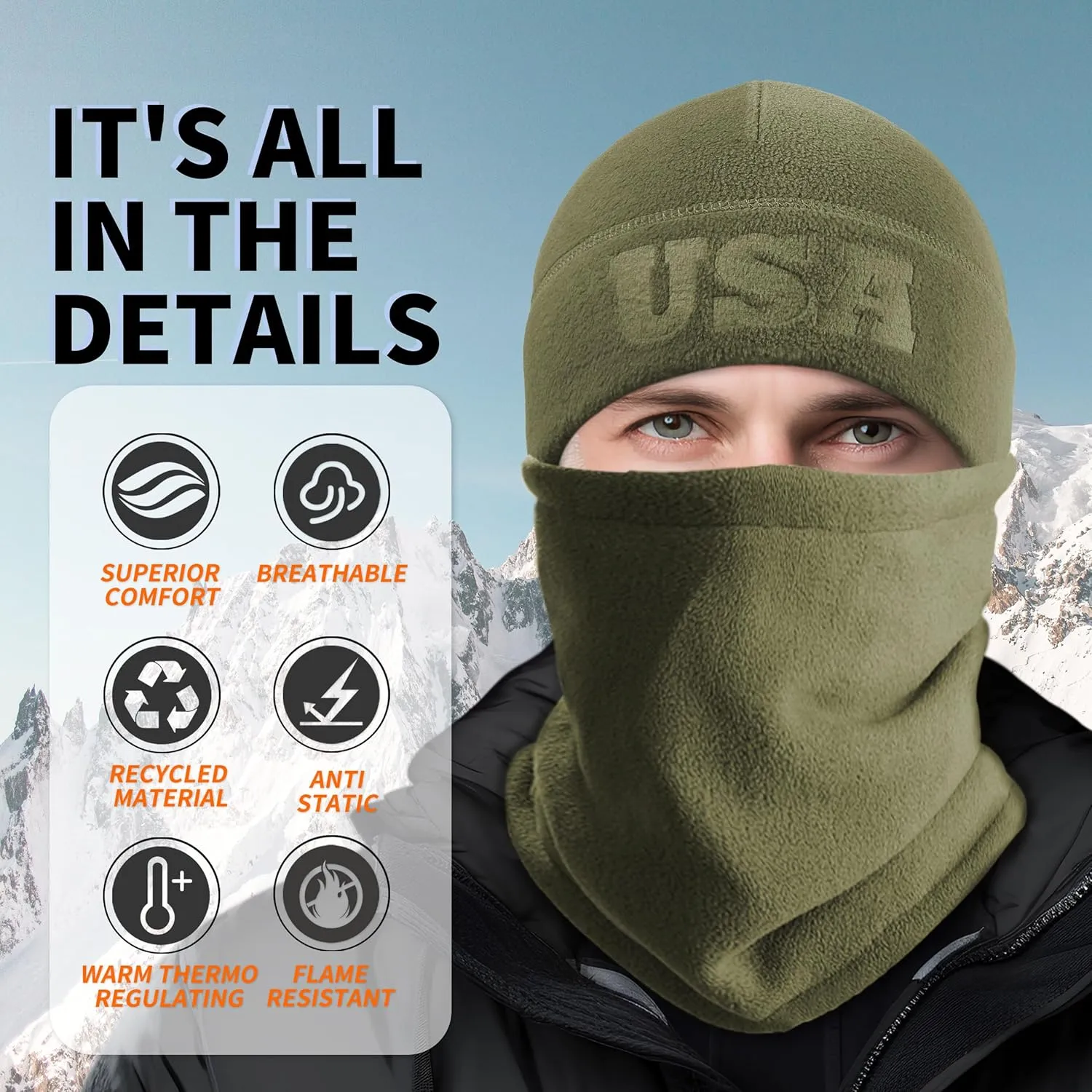 2 Pcs Warm Fleece Beanie Neck Gaiter Set, Embossing USA Army Military Winter Gear Skull Cap for Men Women