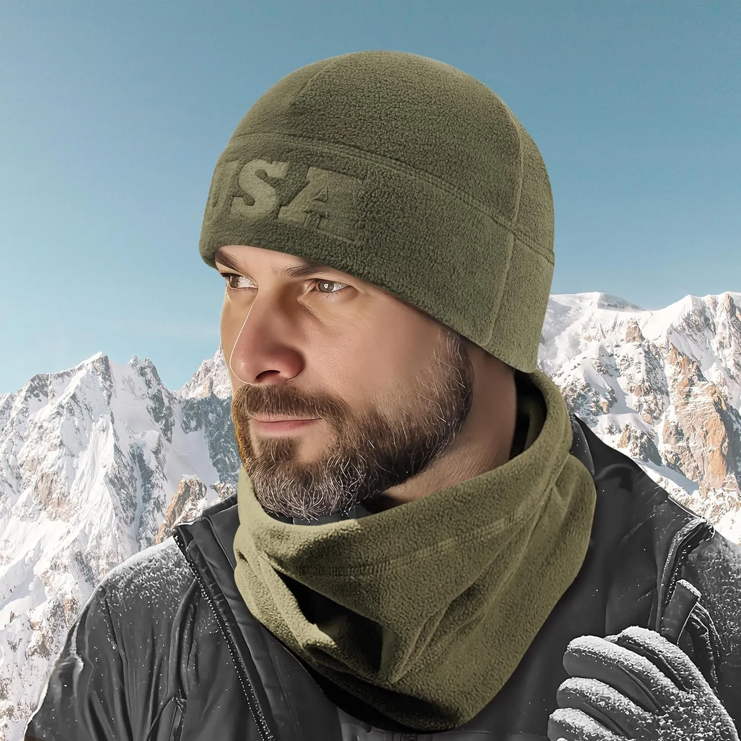 2 Pcs Warm Fleece Beanie Neck Gaiter Set, Embossing USA Army Military Winter Gear Skull Cap for Men Women