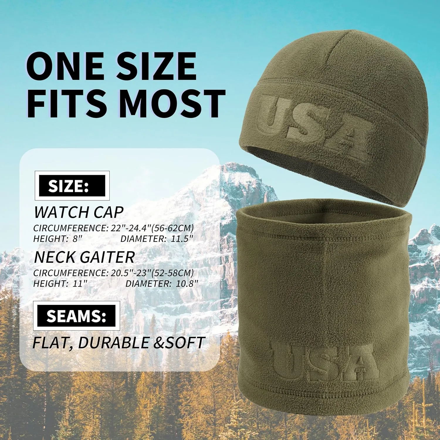 2 Pcs Warm Fleece Beanie Neck Gaiter Set, Embossing USA Army Military Winter Gear Skull Cap for Men Women