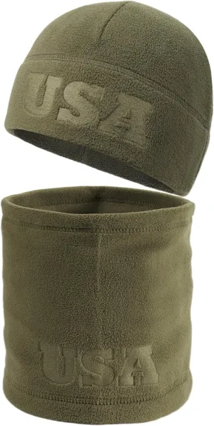 2 Pcs Warm Fleece Beanie Neck Gaiter Set, Embossing USA Army Military Winter Gear Skull Cap for Men Women