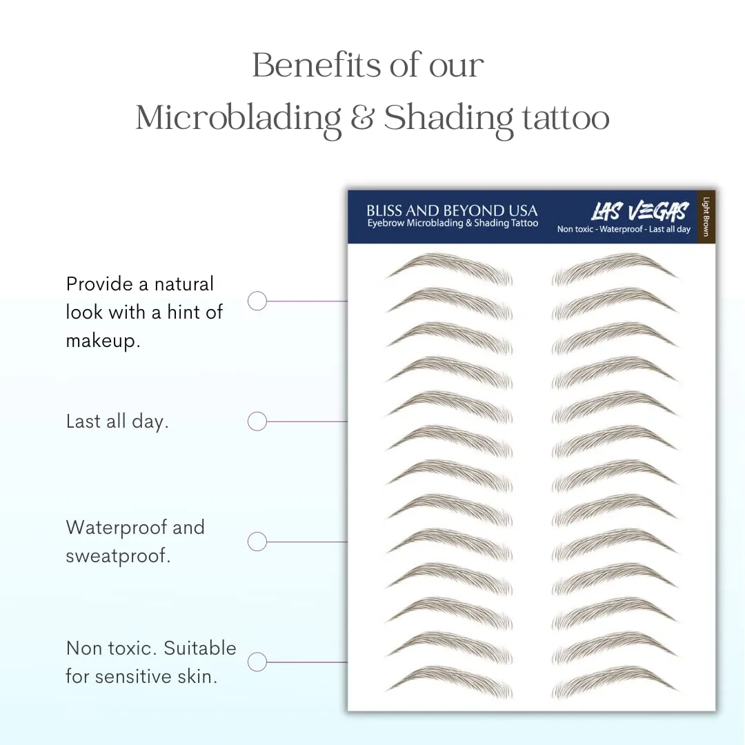 2 sheets eyebrow tattoo waterproof sticker, Long Lasting, Natural Looking Eyebrow for Alopecia, Chemo, Cancer gift. Same Size eyebrow tattoos (Natural Las Vegas, Light Brown)