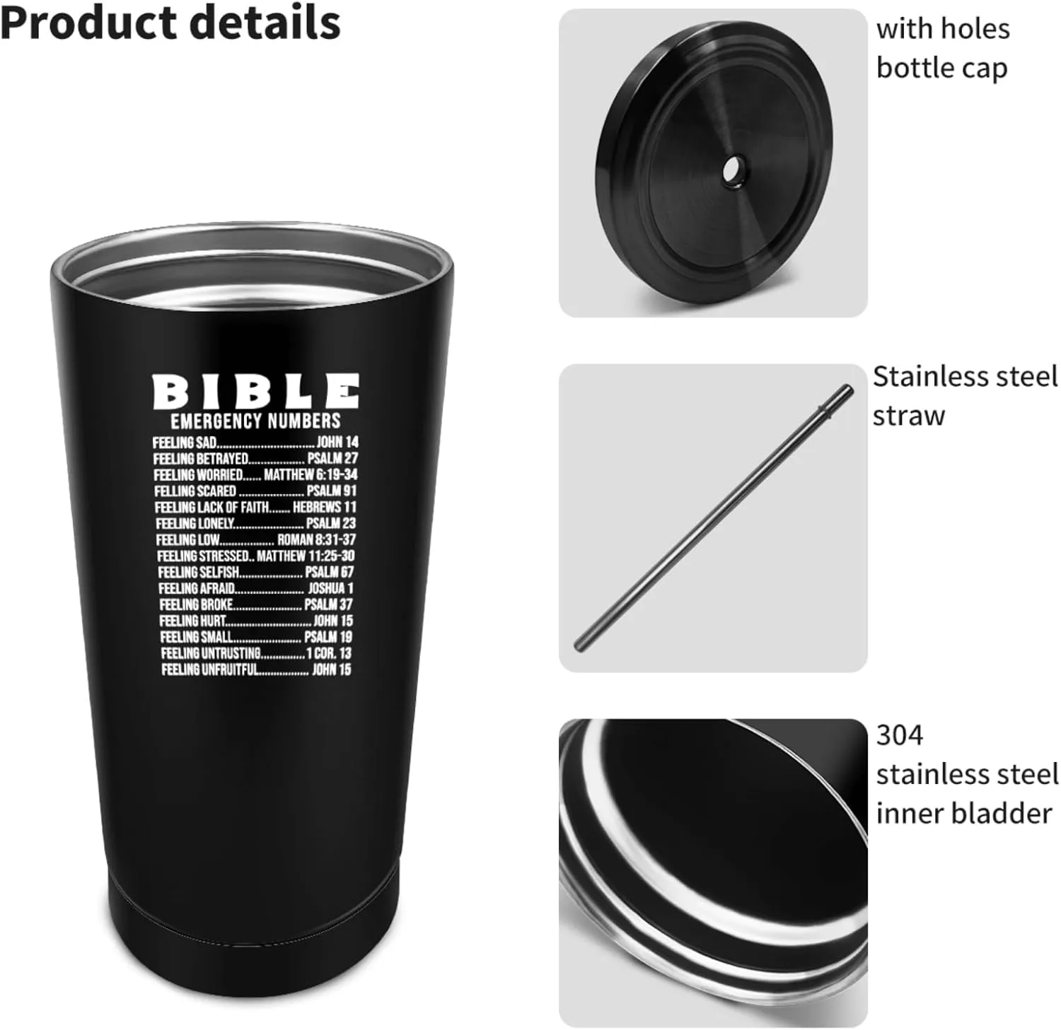20 oz Tumbler with Lid and Straw Bible Emergency Numbers Tumbler Insulated Tumblers Stainless Steel Tumbler