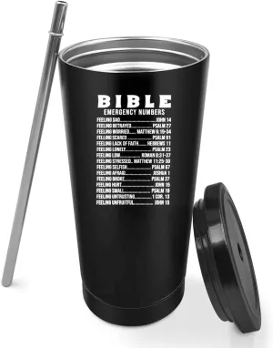 20 oz Tumbler with Lid and Straw Bible Emergency Numbers Tumbler Insulated Tumblers Stainless Steel Tumbler