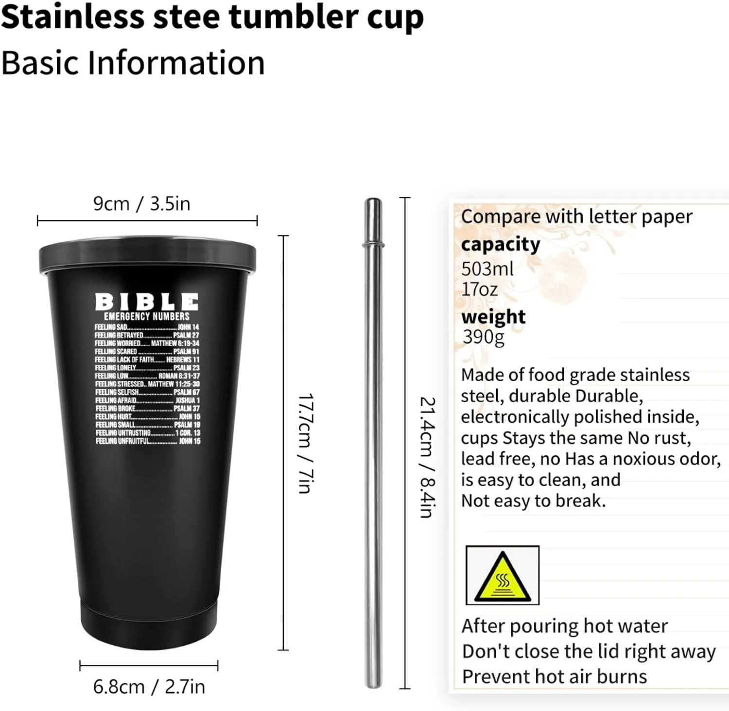 20 oz Tumbler with Lid and Straw Bible Emergency Numbers Tumbler Insulated Tumblers Stainless Steel Tumbler