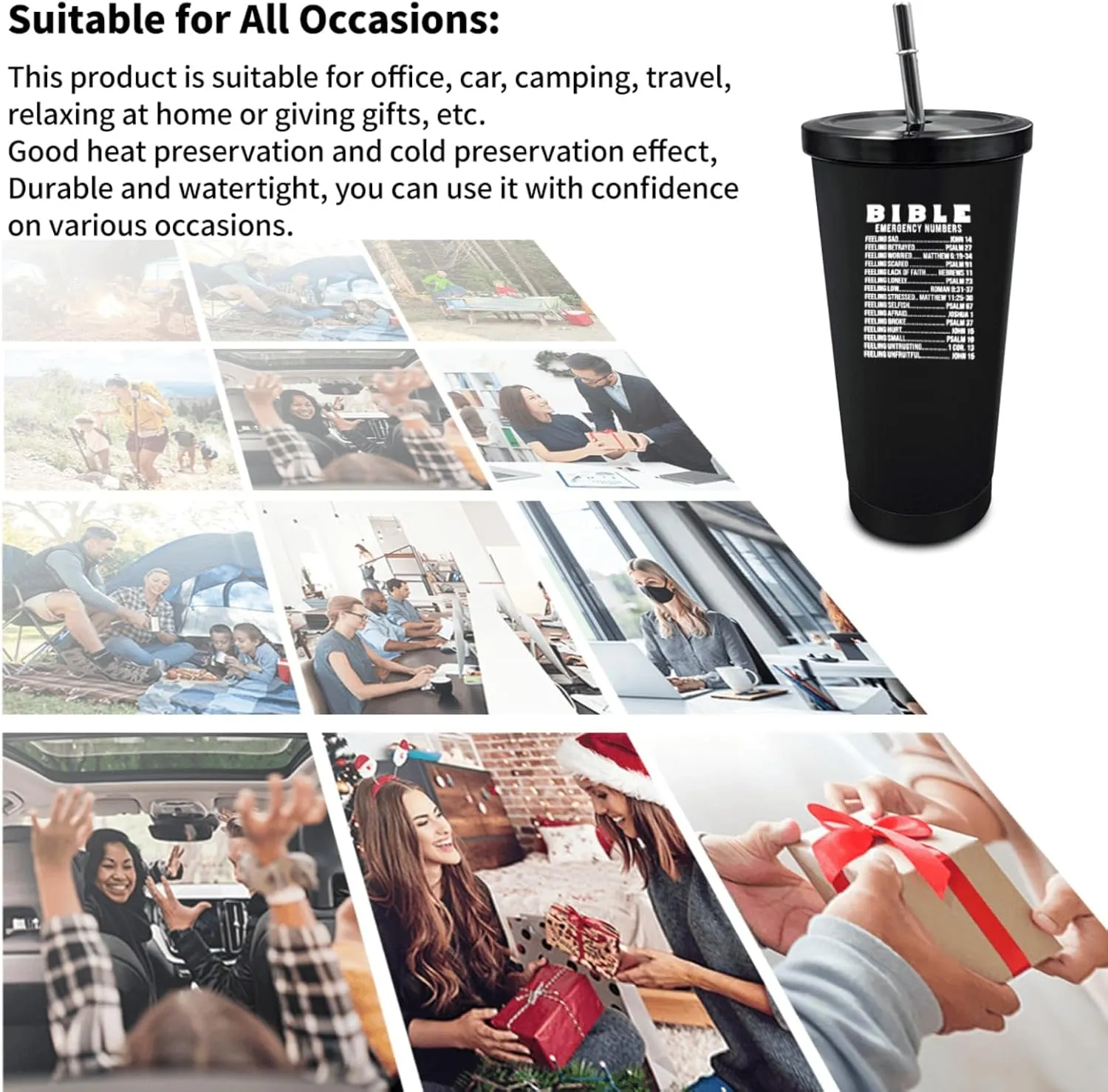 20 oz Tumbler with Lid and Straw Bible Emergency Numbers Tumbler Insulated Tumblers Stainless Steel Tumbler