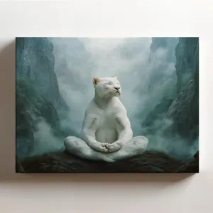 (20 x 16 x 1.25 IN) Gallery Wrapped Canvas Wall Art Print of Art Nouveau Albino White Panther Wall Art - Meditative Pose in Foggy Valley - Stunning Nature Inspired Decor for Animal - 925UNCAi469003WH
