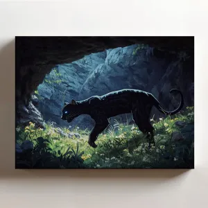 (20 x 16 x 1.25 IN) Gallery Wrapped Canvas Wall Art Print of Cyberpunk : Shadow Panther Blending into Darkness, Playing in a Meadow in a Deep Dark Cave; Evoking Strength and Determi - 925UNCAi457703WH