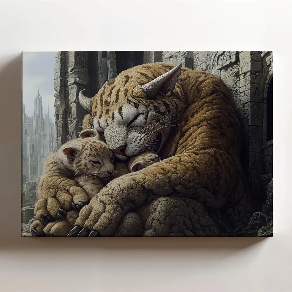(20 x 16 x 1.25 IN) Gallery Wrapped Canvas Wall Art Print of Fantasy Art : Majestic Saber-tooth Panther Embracing Adorable Cubs in Enigmatic Gothic Ruins, Evocative Melancholy Wall - 925UNCAi457103WH