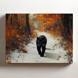 (20 x 16 x 1.25 IN) Gallery Wrapped Canvas Wall Art Print of Futurism Wall Art : Shadow Panther Blending into Darkness on a Snowy Path in Autumn Woodland - Evoke Courage and Strengt - 925UNCAi468003WH