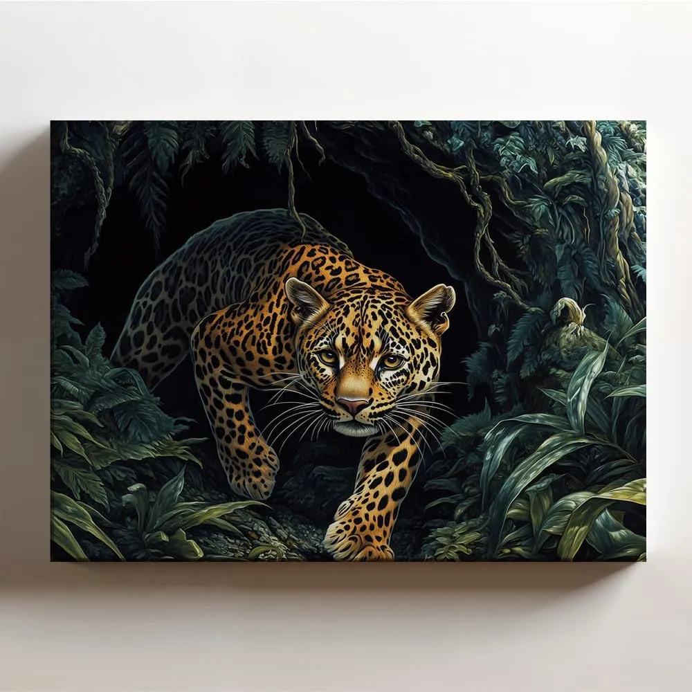 (20 x 16 x 1.25 IN) Gallery Wrapped Canvas Wall Art Print of Gothic Jungle Art : Spotted Panther in a Dense Dark Cave, Evoking Freedom and Wild Nature - Unique Wall Decor for Animal - 925UNCAi464403WH